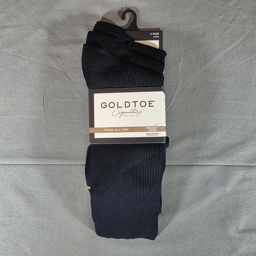 Goldtoe Signature Collection Mens Black Crew Socks 3 Pair Pack AM274 Size 6-12.5